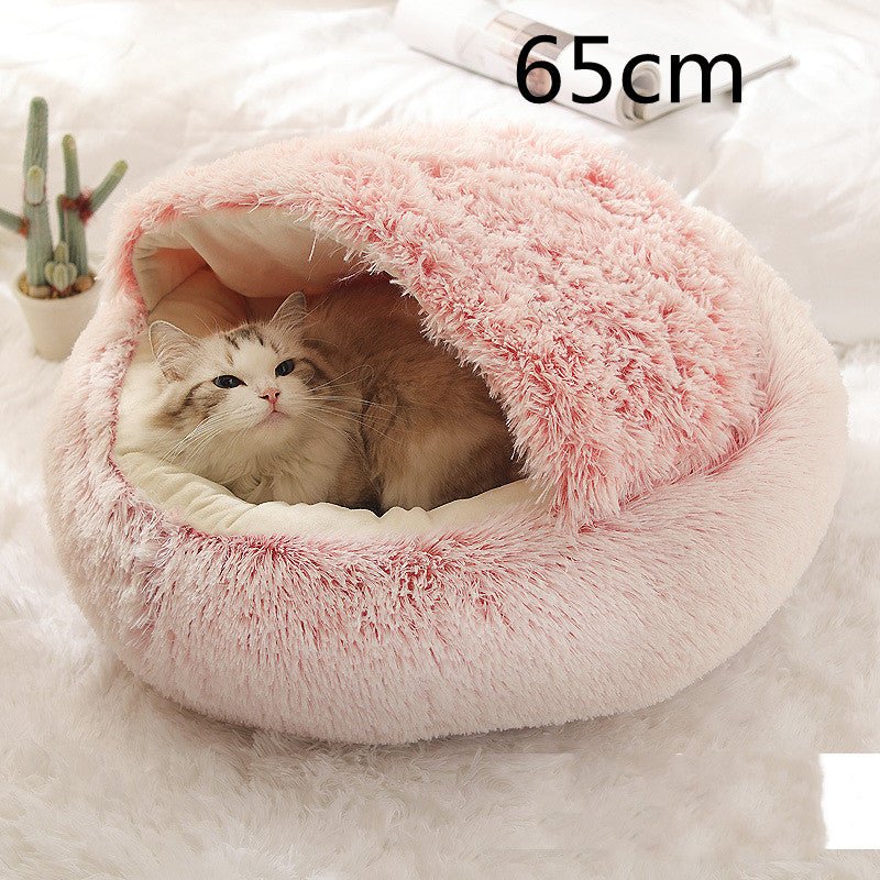 Lit Douillet Rond 2 en 1 pour Chiens et Chats, Maison d'Hiver en Peluche Longue, Douce et Chaude - IVOIRART.COM