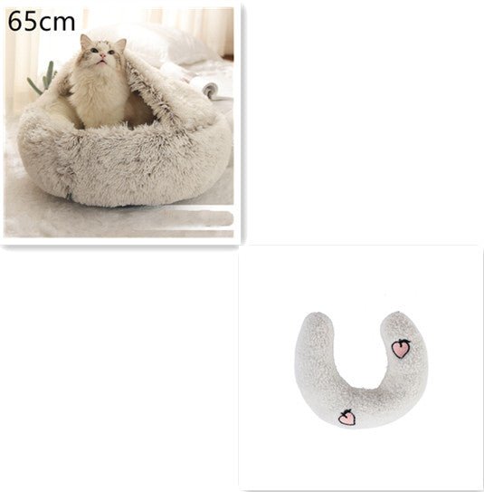 Lit Douillet Rond 2 en 1 pour Chiens et Chats, Maison d'Hiver en Peluche Longue, Douce et Chaude - IVOIRART.COM
