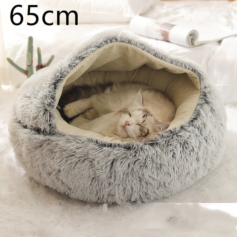 Lit Douillet Rond 2 en 1 pour Chiens et Chats, Maison d'Hiver en Peluche Longue, Douce et Chaude - IVOIRART.COM