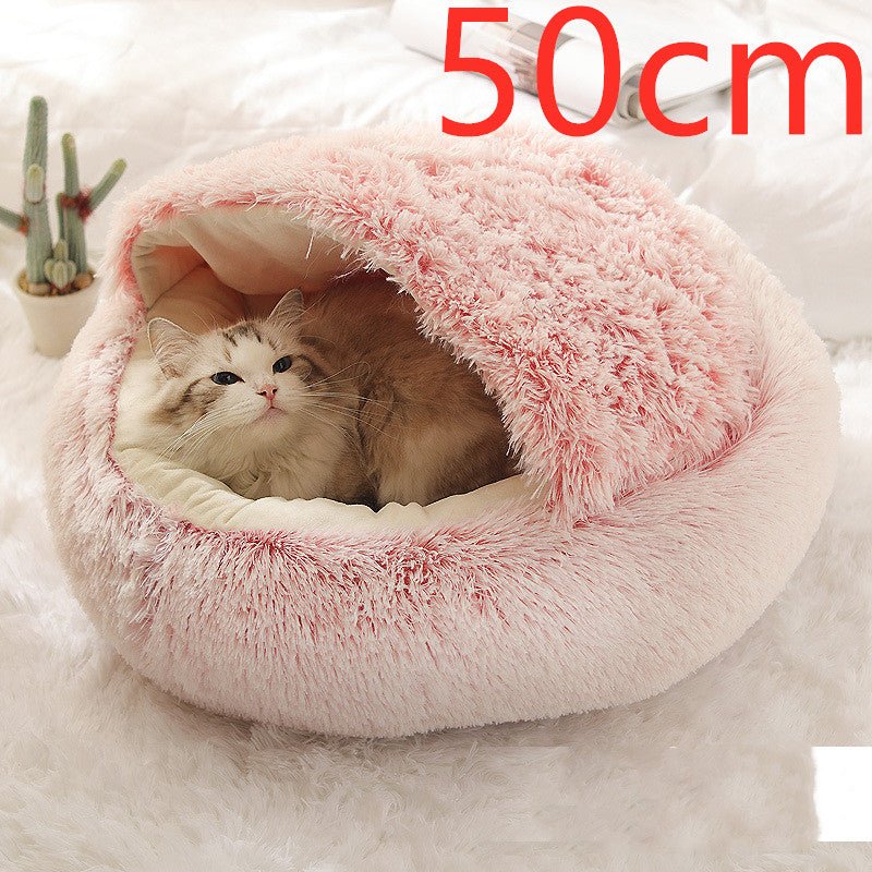 Lit Douillet Rond 2 en 1 pour Chiens et Chats, Maison d'Hiver en Peluche Longue, Douce et Chaude - IVOIRART.COM