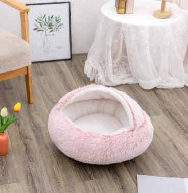 Lit Douillet Rond 2 en 1 pour Chiens et Chats, Maison d'Hiver en Peluche Longue, Douce et Chaude - IVOIRART.COM