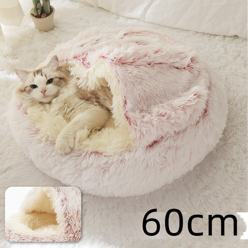 Lit Douillet Rond 2 en 1 pour Chiens et Chats, Maison d'Hiver en Peluche Longue, Douce et Chaude - IVOIRART.COM