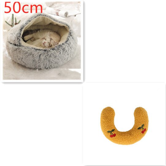 Lit Douillet Rond 2 en 1 pour Chiens et Chats, Maison d'Hiver en Peluche Longue, Douce et Chaude - IVOIRART.COM