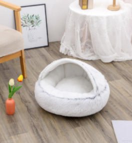Lit Douillet Rond 2 en 1 pour Chiens et Chats, Maison d'Hiver en Peluche Longue, Douce et Chaude - IVOIRART.COM