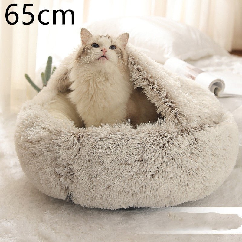 Lit Douillet Rond 2 en 1 pour Chiens et Chats, Maison d'Hiver en Peluche Longue, Douce et Chaude - IVOIRART.COM