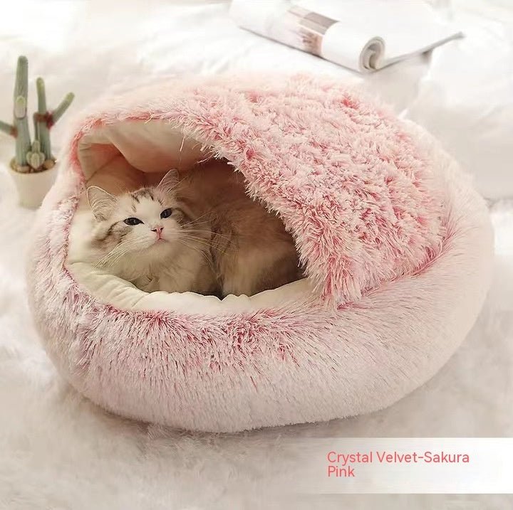Lit Douillet Rond 2 en 1 pour Chiens et Chats, Maison d'Hiver en Peluche Longue, Douce et Chaude - IVOIRART.COM