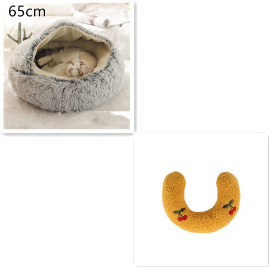 Lit Douillet Rond 2 en 1 pour Chiens et Chats, Maison d'Hiver en Peluche Longue, Douce et Chaude - IVOIRART.COM