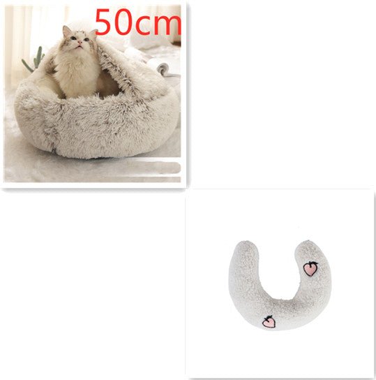 Lit Douillet Rond 2 en 1 pour Chiens et Chats, Maison d'Hiver en Peluche Longue, Douce et Chaude - IVOIRART.COM