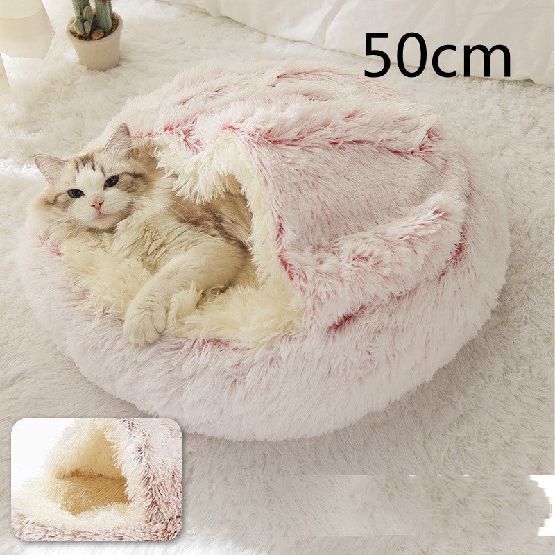 Lit Douillet Rond 2 en 1 pour Chiens et Chats, Maison d'Hiver en Peluche Longue, Douce et Chaude - IVOIRART.COM