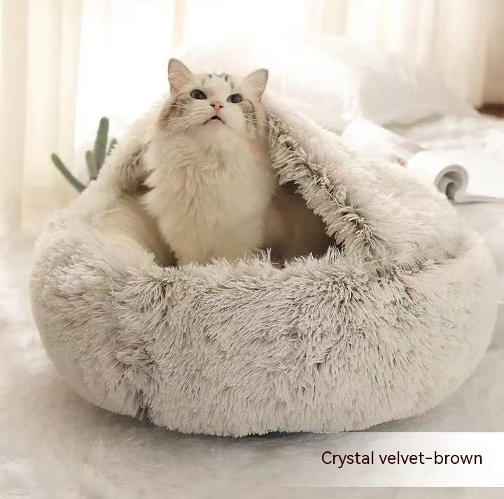 Lit Douillet Rond 2 en 1 pour Chiens et Chats, Maison d'Hiver en Peluche Longue, Douce et Chaude - IVOIRART.COM