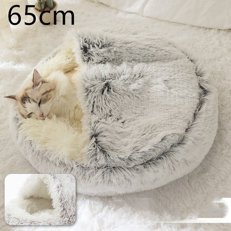 Lit Douillet Rond 2 en 1 pour Chiens et Chats, Maison d'Hiver en Peluche Longue, Douce et Chaude - IVOIRART.COM