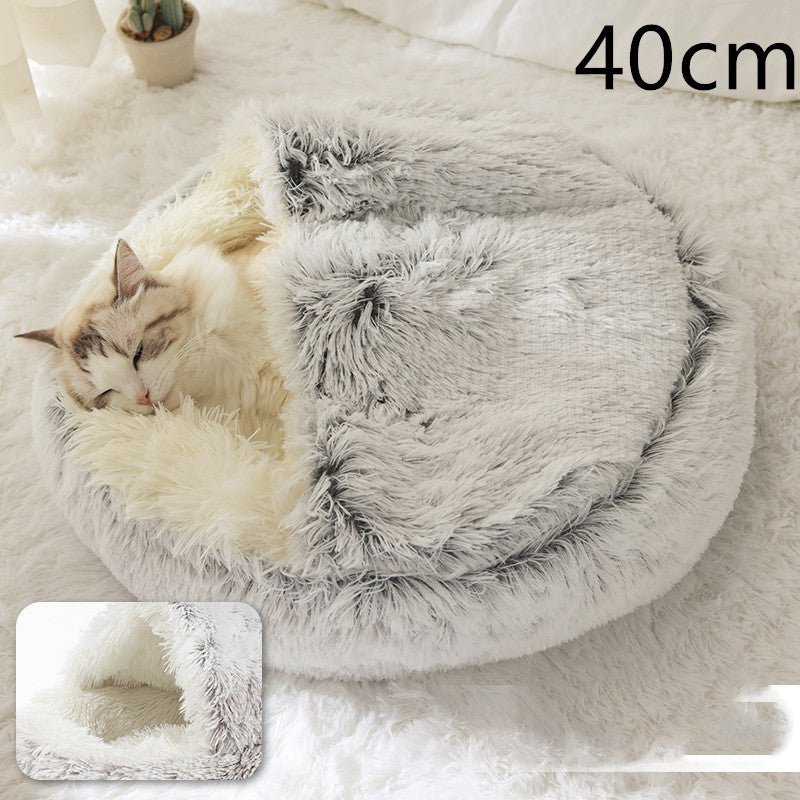 Lit Douillet Rond 2 en 1 pour Chiens et Chats, Maison d'Hiver en Peluche Longue, Douce et Chaude - IVOIRART.COM