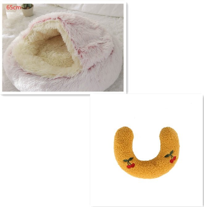 Lit Douillet Rond 2 en 1 pour Chiens et Chats, Maison d'Hiver en Peluche Longue, Douce et Chaude - IVOIRART.COM