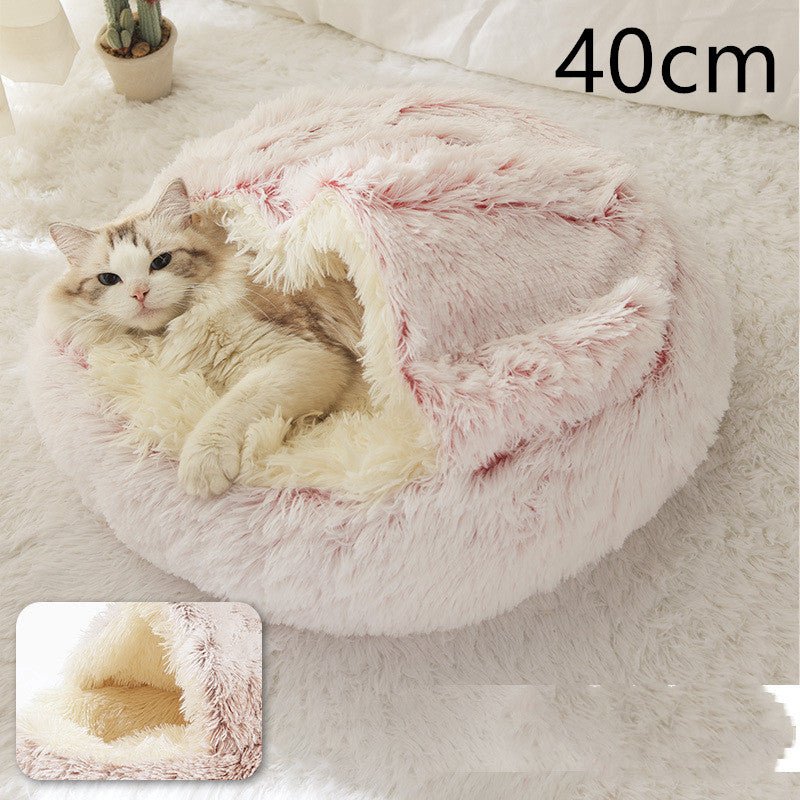 Lit Douillet Rond 2 en 1 pour Chiens et Chats, Maison d'Hiver en Peluche Longue, Douce et Chaude - IVOIRART.COM