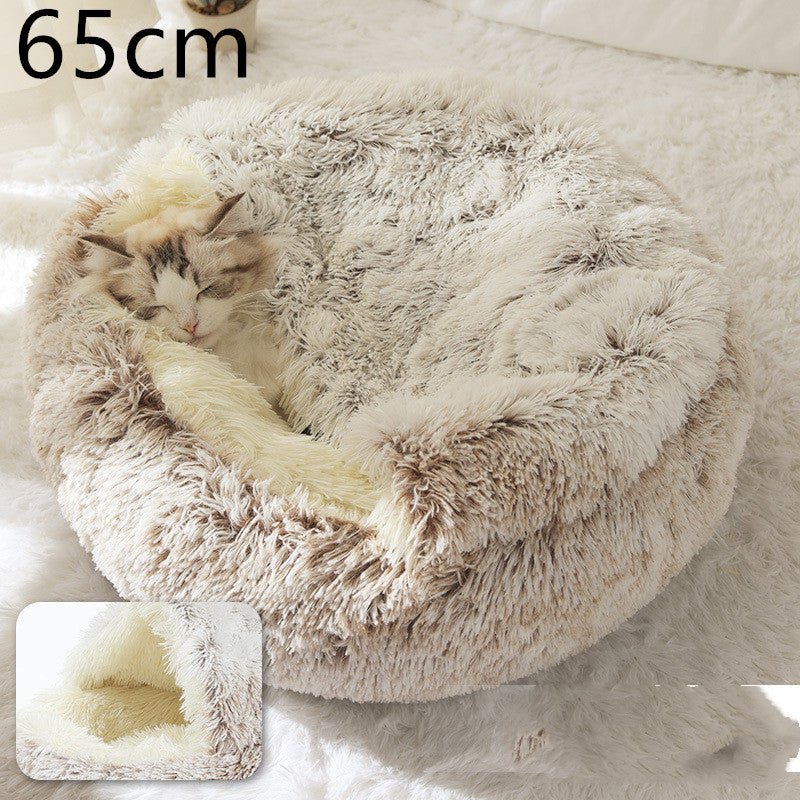 Lit Douillet Rond 2 en 1 pour Chiens et Chats, Maison d'Hiver en Peluche Longue, Douce et Chaude - IVOIRART.COM