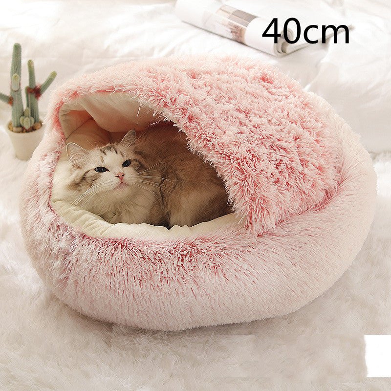 Lit Douillet Rond 2 en 1 pour Chiens et Chats, Maison d'Hiver en Peluche Longue, Douce et Chaude - IVOIRART.COM