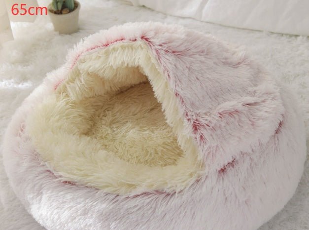 Lit Douillet Rond 2 en 1 pour Chiens et Chats, Maison d'Hiver en Peluche Longue, Douce et Chaude - IVOIRART.COM