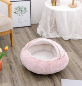 Lit Douillet Rond 2 en 1 pour Chiens et Chats, Maison d'Hiver en Peluche Longue, Douce et Chaude - IVOIRART.COM
