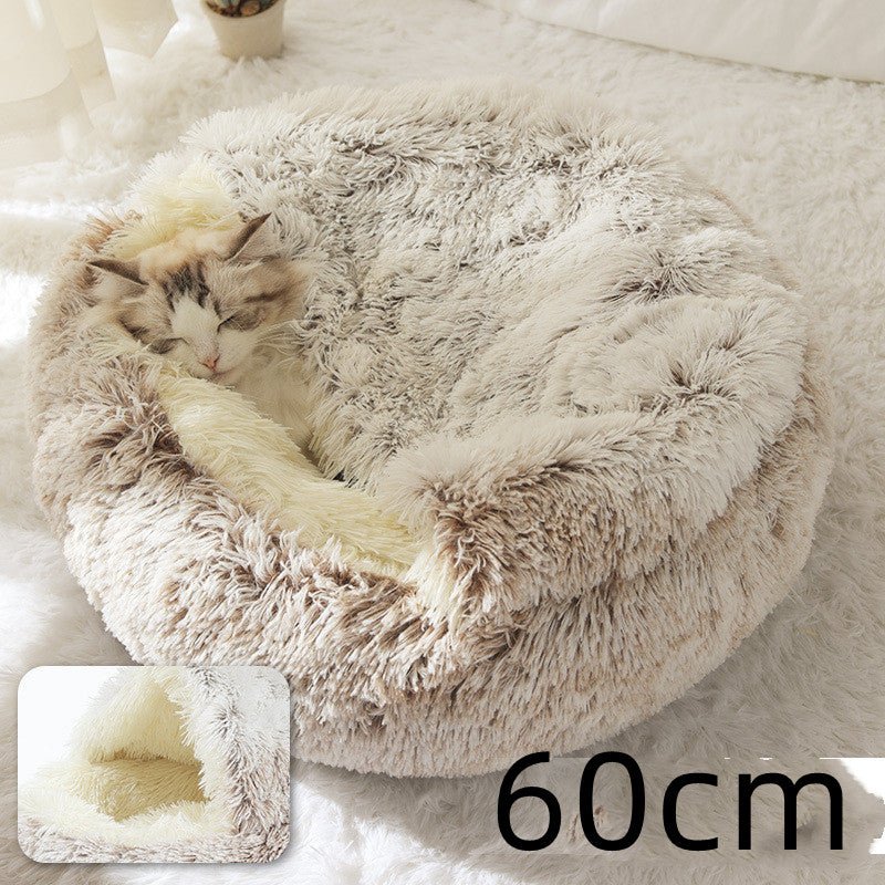 Lit Douillet Rond 2 en 1 pour Chiens et Chats, Maison d'Hiver en Peluche Longue, Douce et Chaude - IVOIRART.COM