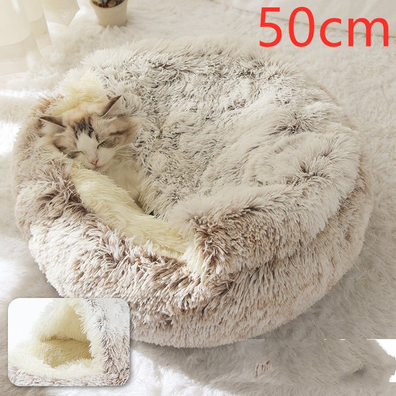 Lit Douillet Rond 2 en 1 pour Chiens et Chats, Maison d'Hiver en Peluche Longue, Douce et Chaude - IVOIRART.COM