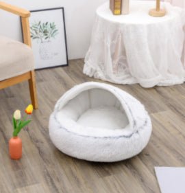 Lit Douillet Rond 2 en 1 pour Chiens et Chats, Maison d'Hiver en Peluche Longue, Douce et Chaude - IVOIRART.COM