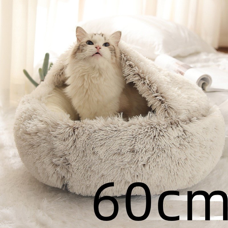 Lit Douillet Rond 2 en 1 pour Chiens et Chats, Maison d'Hiver en Peluche Longue, Douce et Chaude - IVOIRART.COM