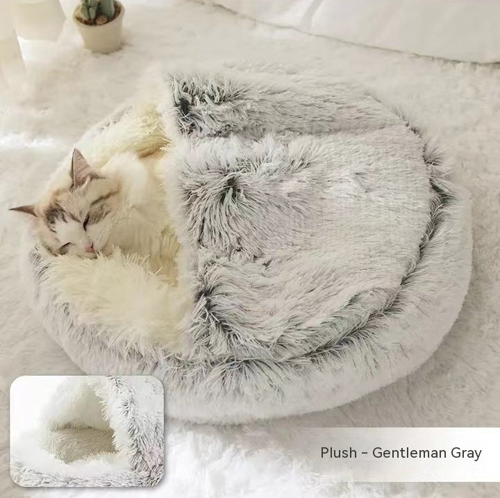Lit Douillet Rond 2 en 1 pour Chiens et Chats, Maison d'Hiver en Peluche Longue, Douce et Chaude - IVOIRART.COM