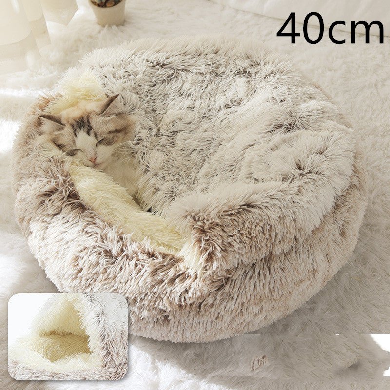 Lit Douillet Rond 2 en 1 pour Chiens et Chats, Maison d'Hiver en Peluche Longue, Douce et Chaude - IVOIRART.COM
