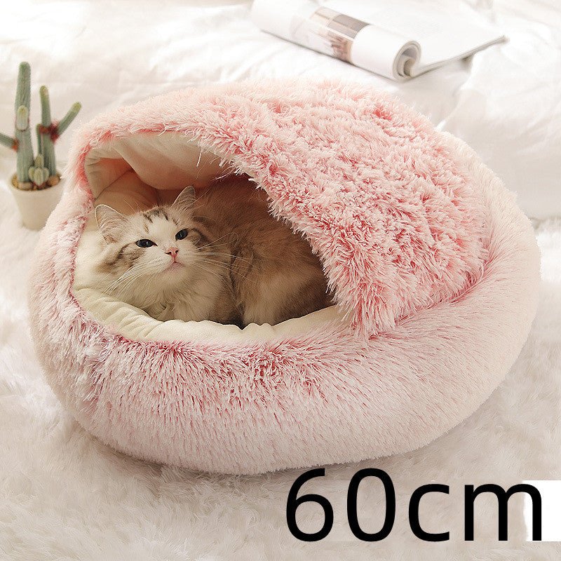 Lit Douillet Rond 2 en 1 pour Chiens et Chats, Maison d'Hiver en Peluche Longue, Douce et Chaude - IVOIRART.COM