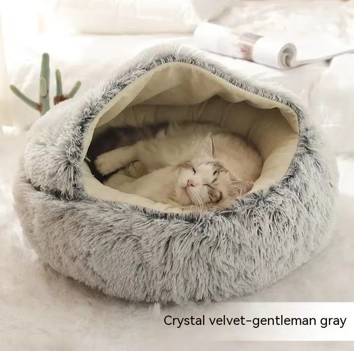 Lit Douillet Rond 2 en 1 pour Chiens et Chats, Maison d'Hiver en Peluche Longue, Douce et Chaude - IVOIRART.COM
