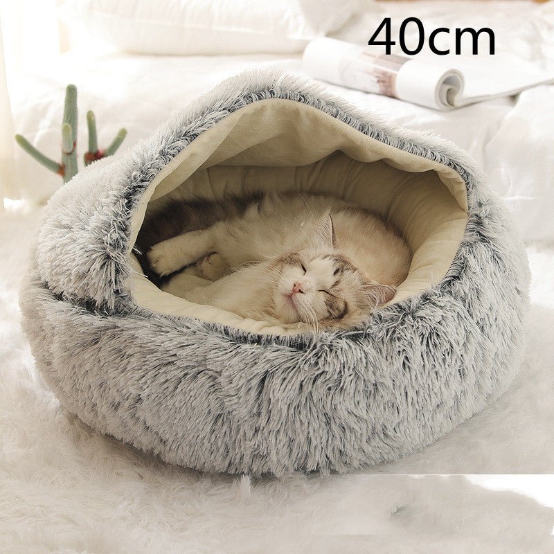 Lit Douillet Rond 2 en 1 pour Chiens et Chats, Maison d'Hiver en Peluche Longue, Douce et Chaude - IVOIRART.COM