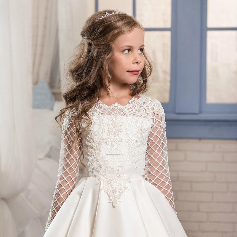 Little Girl Long Sleeve Dresses Champagne - IVOIRART.COM