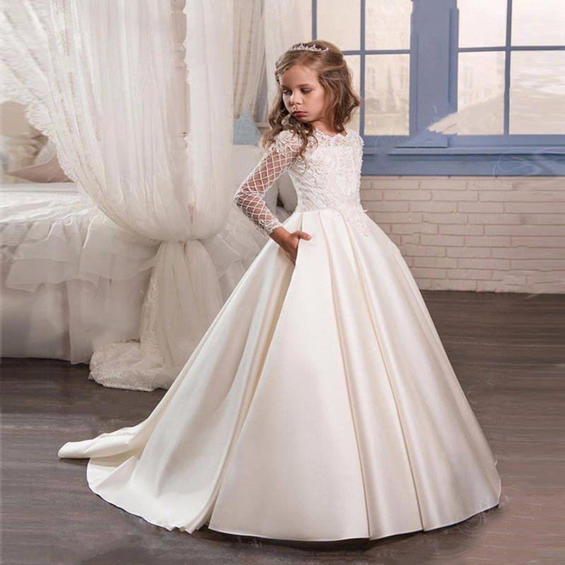Little Girl Long Sleeve Dresses Champagne - IVOIRART.COM