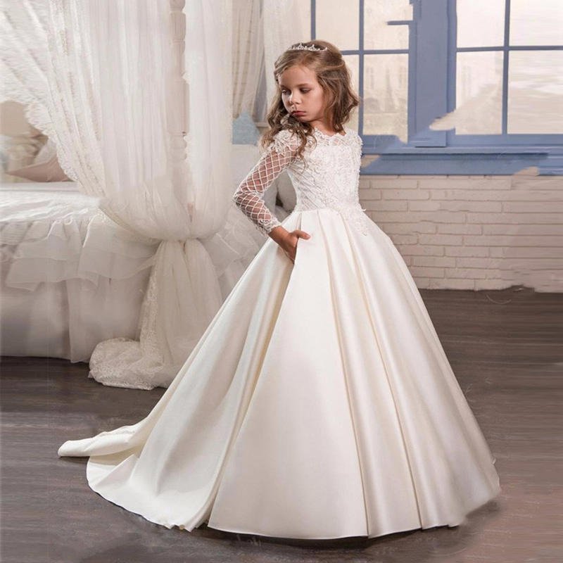 Little Girl Long Sleeve Dresses Champagne - IVOIRART.COM