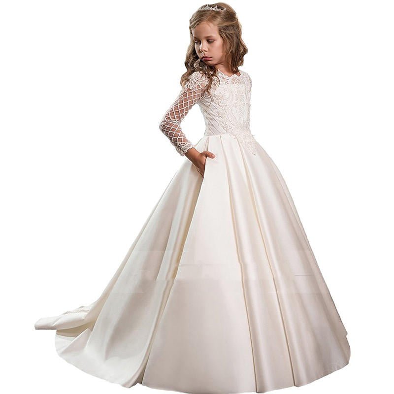 Little Girl Long Sleeve Dresses Champagne - IVOIRART.COM
