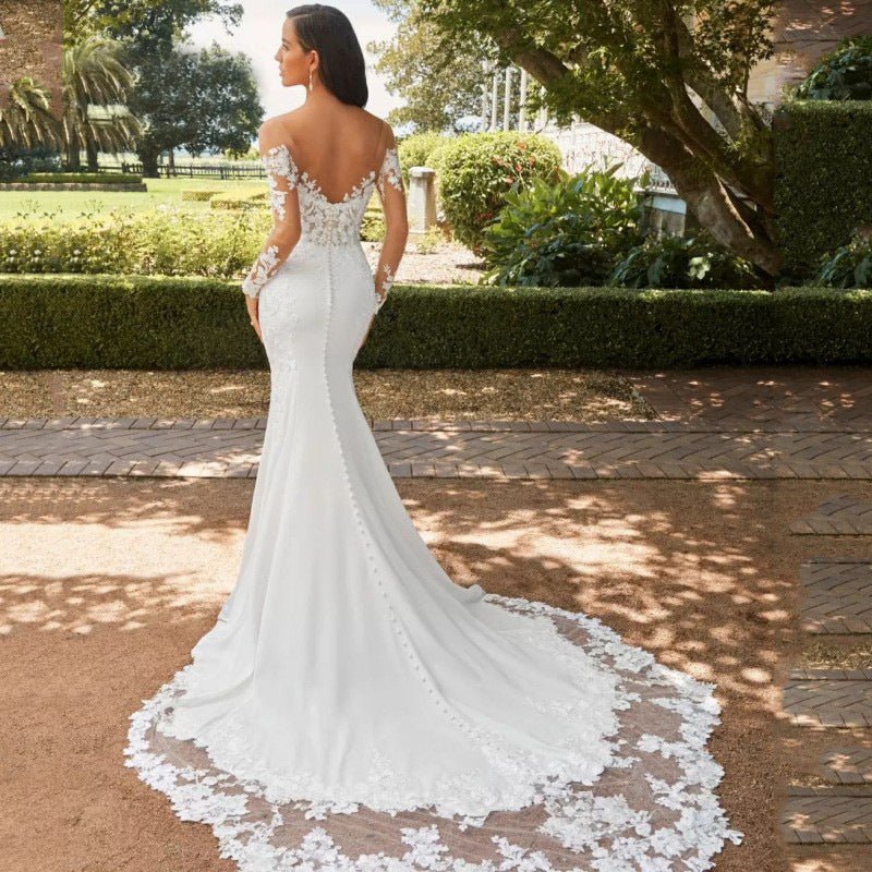 Long Sleeve Backless Lace Fishtail Wedding Dress - IVOIRART.COM