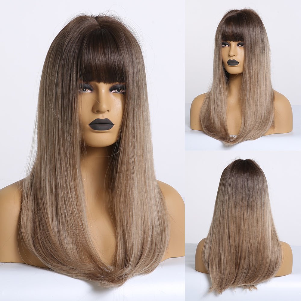 Long Smooth Synthetic Wig With Bangs For Women - IVOIRART.COM