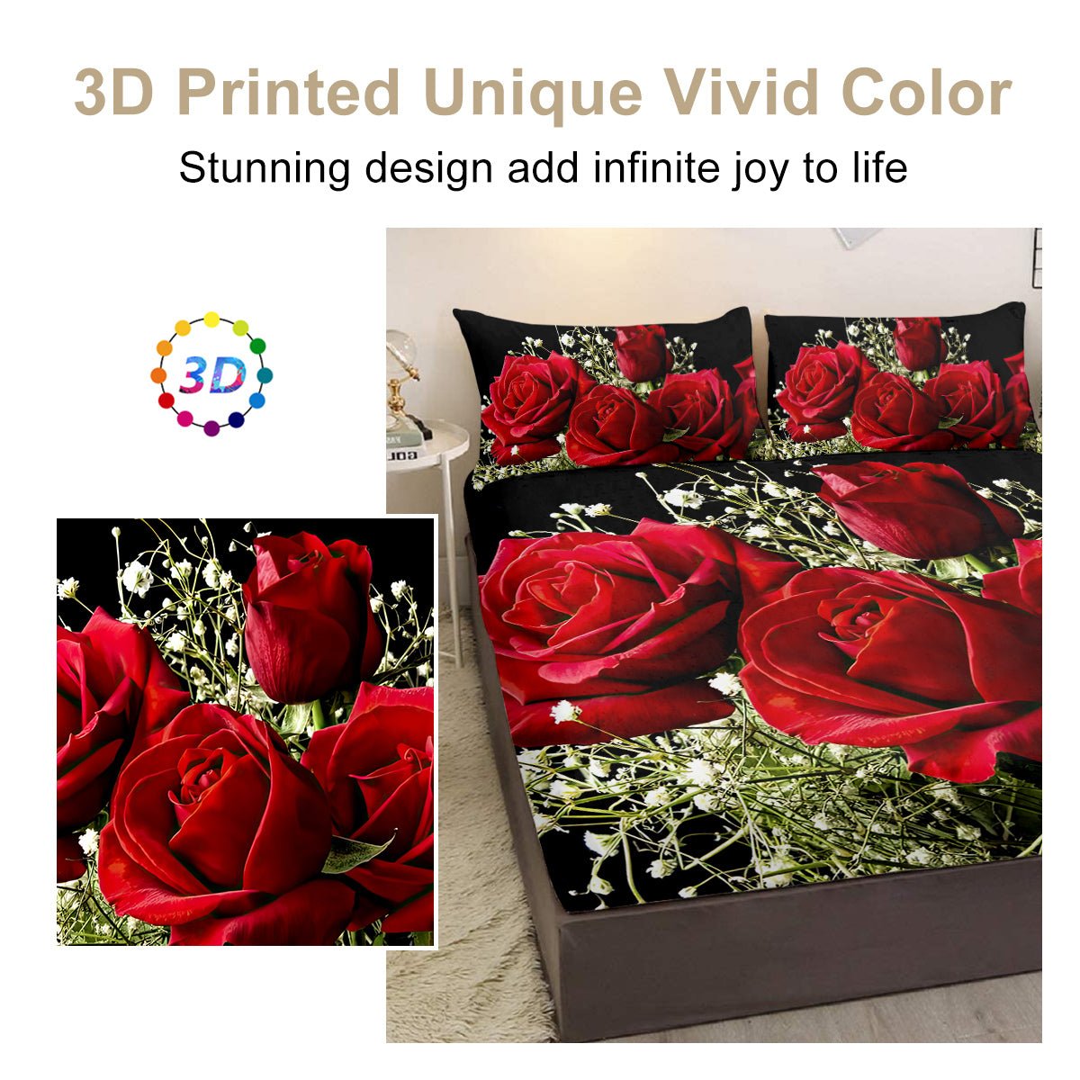 Lot de 3 Draps - Housses Floraux Roses, Microfibre Rouge et Noir, 1 Drap - Housse et 2 Taies d’Oreiller - IVOIRART.COM