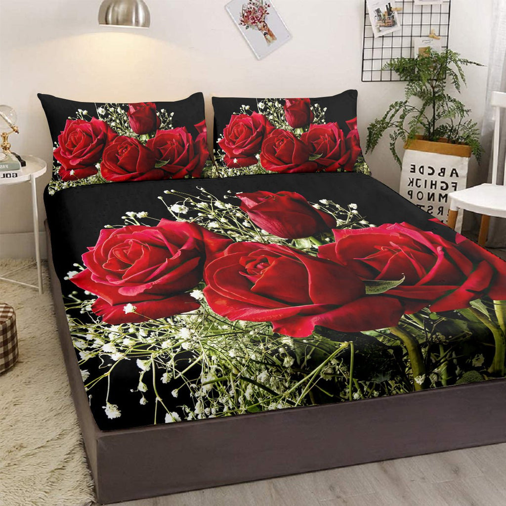 Lot de 3 Draps - Housses Floraux Roses, Microfibre Rouge et Noir, 1 Drap - Housse et 2 Taies d’Oreiller - IVOIRART.COM