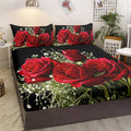 Lot de 3 Draps - Housses Floraux Roses, Microfibre Rouge et Noir, 1 Drap - Housse et 2 Taies d’Oreiller - IVOIRART.COM