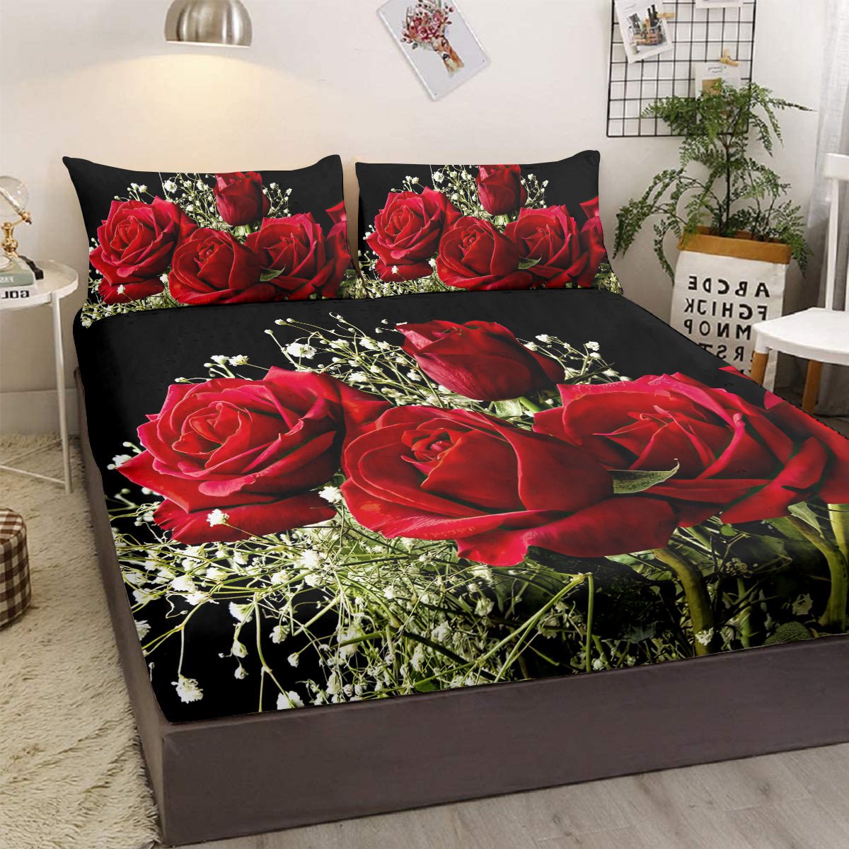 Lot de 3 Draps - Housses Floraux Roses, Microfibre Rouge et Noir, 1 Drap - Housse et 2 Taies d’Oreiller - IVOIRART.COM