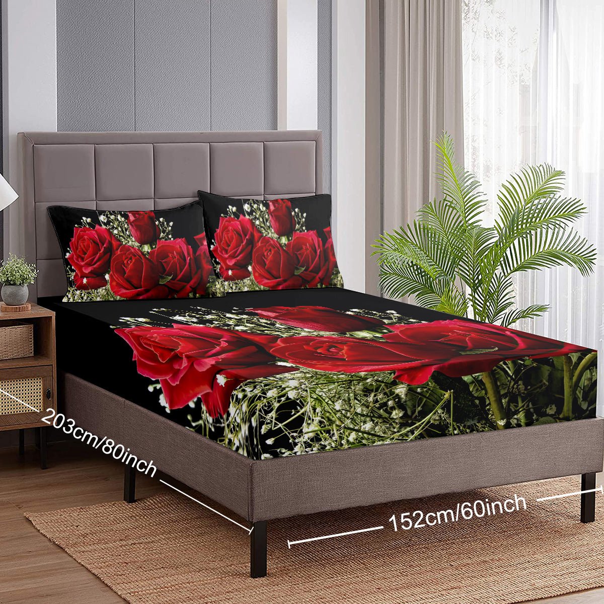 Lot de 3 Draps - Housses Floraux Roses, Microfibre Rouge et Noir, 1 Drap - Housse et 2 Taies d’Oreiller - IVOIRART.COM