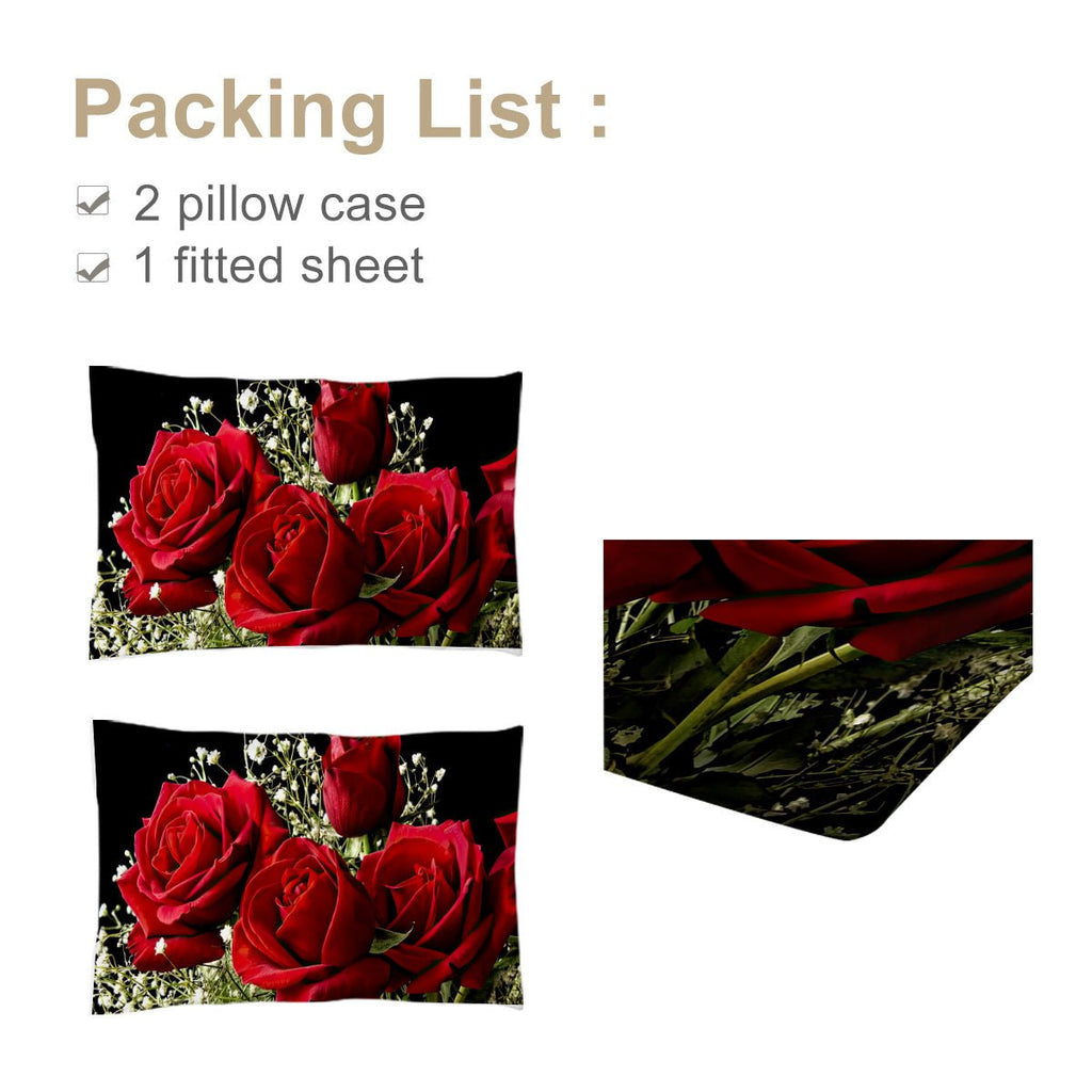 Lot de 3 Draps - Housses Floraux Roses, Microfibre Rouge et Noir, 1 Drap - Housse et 2 Taies d’Oreiller - IVOIRART.COM