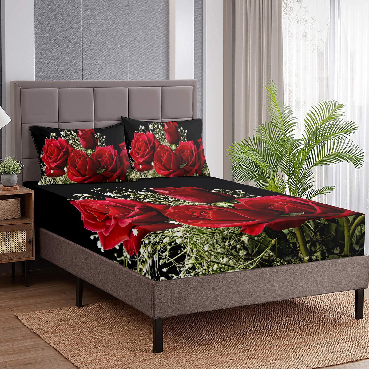 Lot de 3 Draps - Housses Floraux Roses, Microfibre Rouge et Noir, 1 Drap - Housse et 2 Taies d’Oreiller - IVOIRART.COM