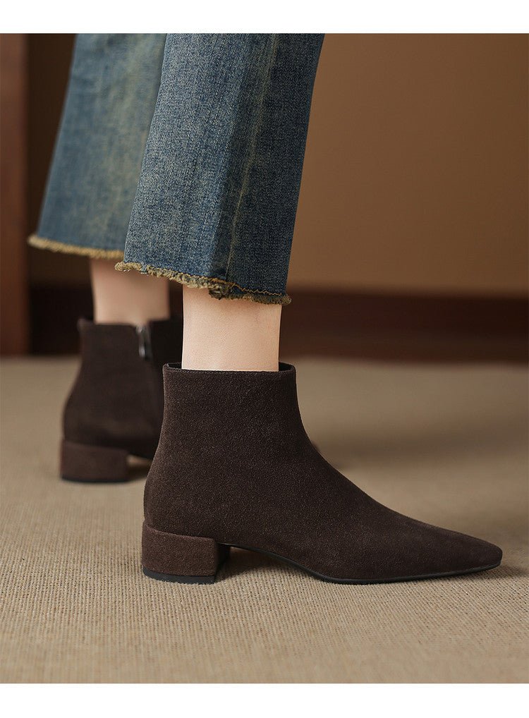 Low-heeled Cowhide Suede Women's Ankle Boots - IVOIRART.COM