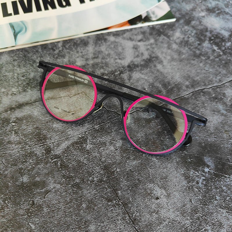 Lunettes de soleil rétro femme en titane pur, monture complète, contraste rouge - vert - IVOIRART.COM
