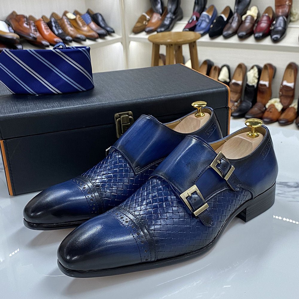 Luxury Men's Business Casual Shoes Blue Leather Double Buckle Monk Shoe First Layer Cowhide Pointed Men's Loafers - IVOIRART.COM