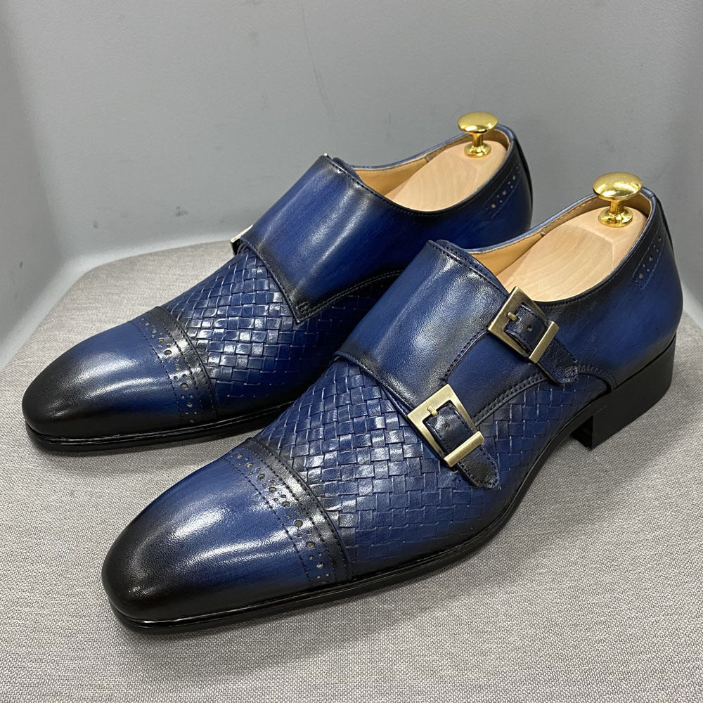 Luxury Men's Business Casual Shoes Blue Leather Double Buckle Monk Shoe First Layer Cowhide Pointed Men's Loafers - IVOIRART.COM