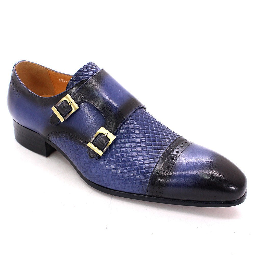 Luxury Men's Business Casual Shoes Blue Leather Double Buckle Monk Shoe First Layer Cowhide Pointed Men's Loafers - IVOIRART.COM