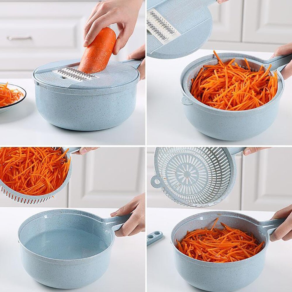 Mandoline 8 en 1 avec économe et panier égouttoir - trancheuse légumes - IVOIRART.COM